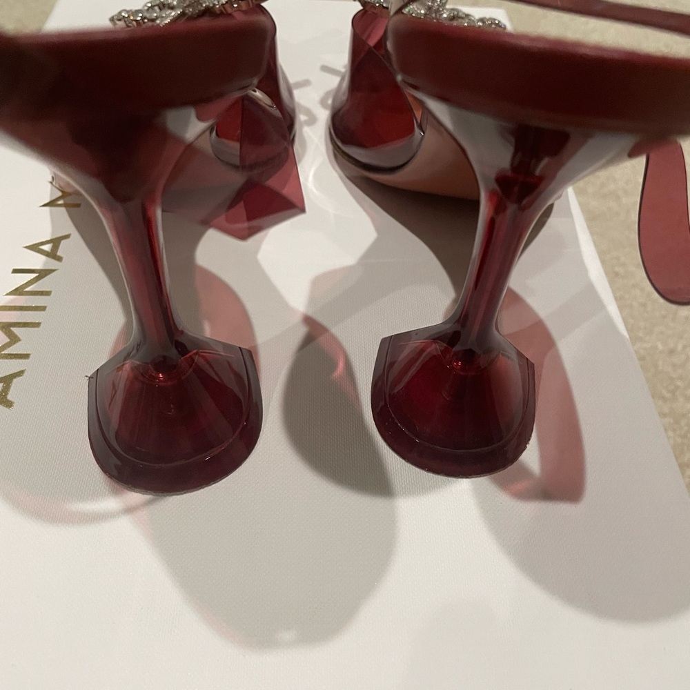 Amina Muaddi Burgundy PVC Slingback Pumps with Crystal Bow - Picture 7 of 8